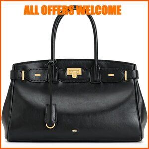 Vegan Leather Tote Bag with Metal Lock Decoration and Adjustable Strap